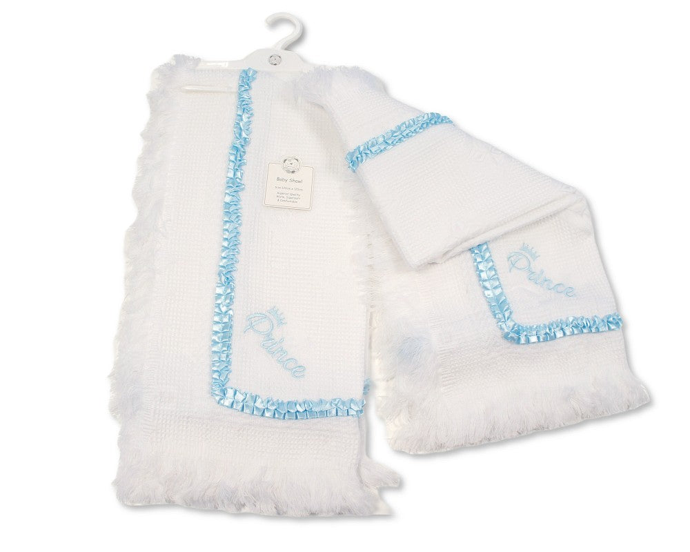 White & Baby Blue 'Prince' Laced Trim Knitted Shawl 120cm x 120cm