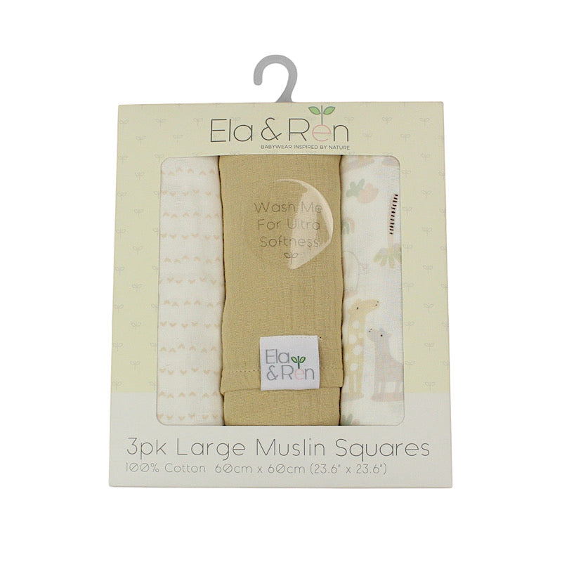 Taupe 3pc Soft Jungle Assorted Muslin Squares 60cm x 60cm