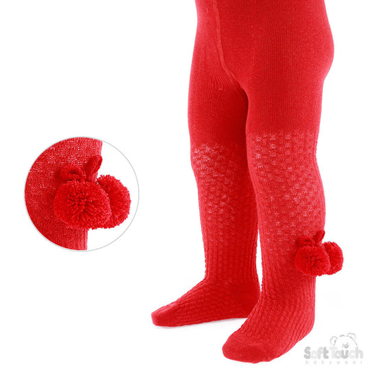 Red Soft Touch Pom Pom Tights NB-18M
