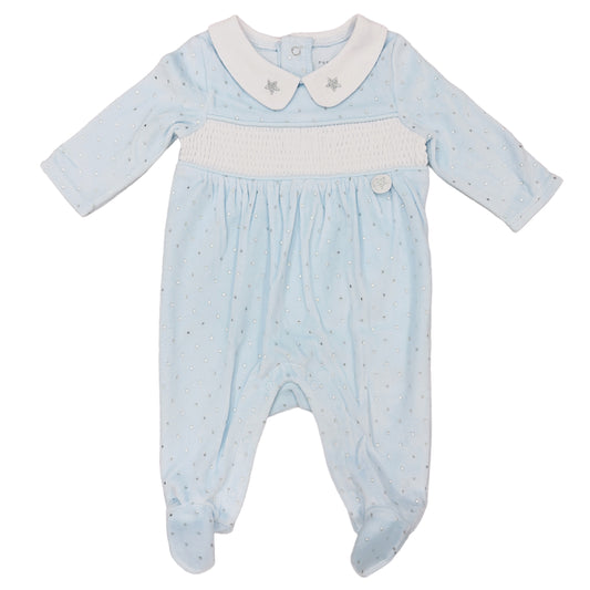 Blue/Silver Polka Star Smocked Velour Sleepsuit 0-6M