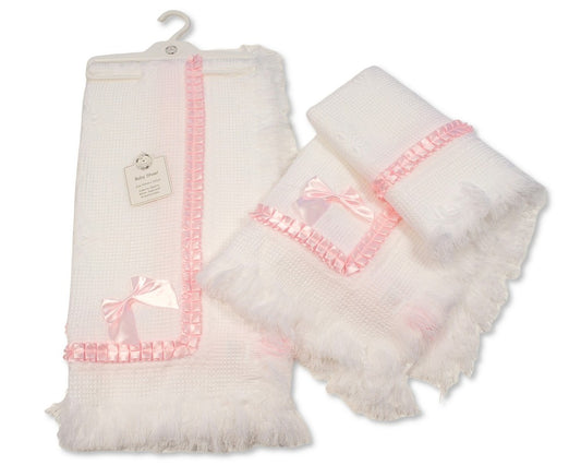 White & Pink Laced Trim Knitted Shawl 120cm x 120cm