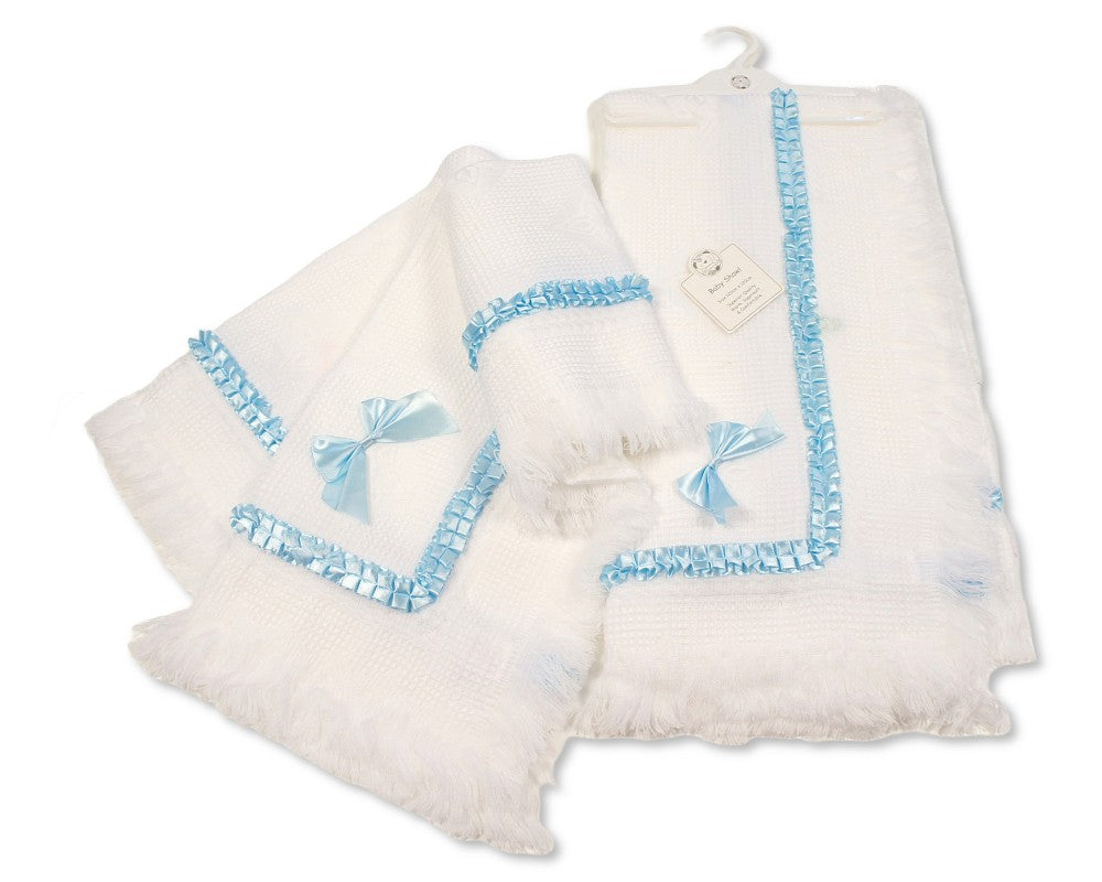 White & Blue Laced Trim Knitted Shawl 120cm x 120cm