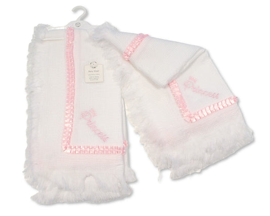White & Baby Pink 'Princess' Laced Trim Knitted Shawl 120cm x 120cm