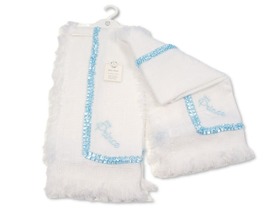 White & Baby Blue 'Prince' Laced Trim Knitted Shawl 120cm x 120cm