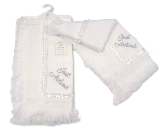 White 'Just Arrived' Laced Trim Knitted Shawl 120cm x 120cm