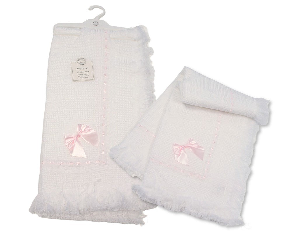 White & Baby Pink Bow Laced Trim Knitted Shawl 120cm x 120cm