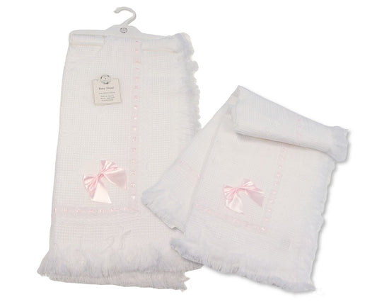 White & Baby Pink Bow Laced Trim Knitted Shawl 120cm x 120cm