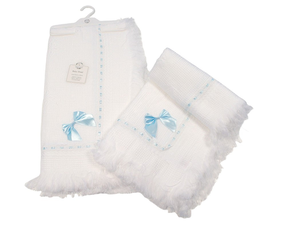 White & Baby Blue Bow Laced Trim Knitted Shawl 120cm x 120cm