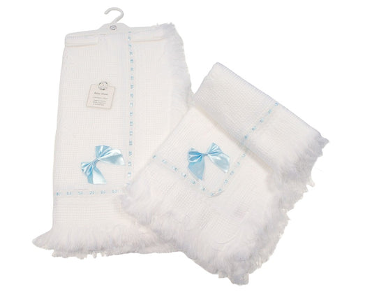 White & Baby Blue Bow Laced Trim Knitted Shawl 120cm x 120cm