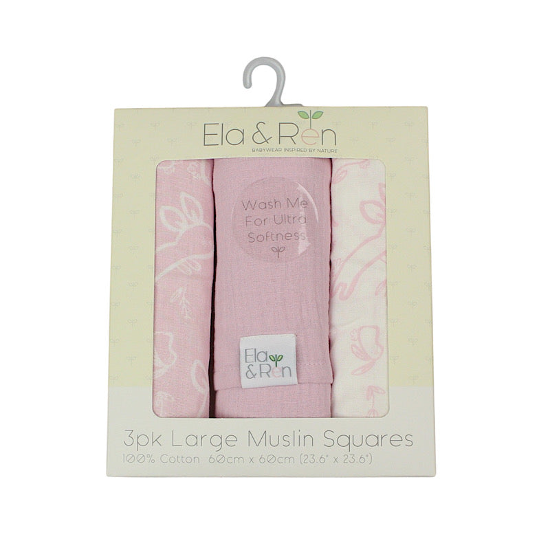 Baby Pink 3pc Fun Bunny Assorted Muslin Squares 60cm x 60cm