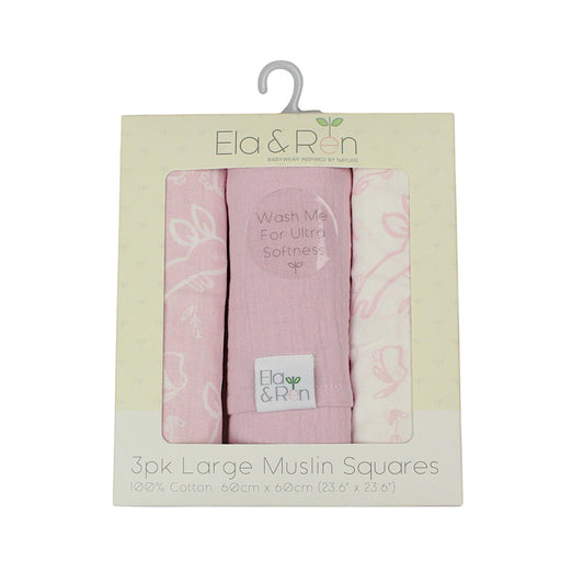 Baby Pink 3pc Fun Bunny Assorted Muslin Squares 60cm x 60cm