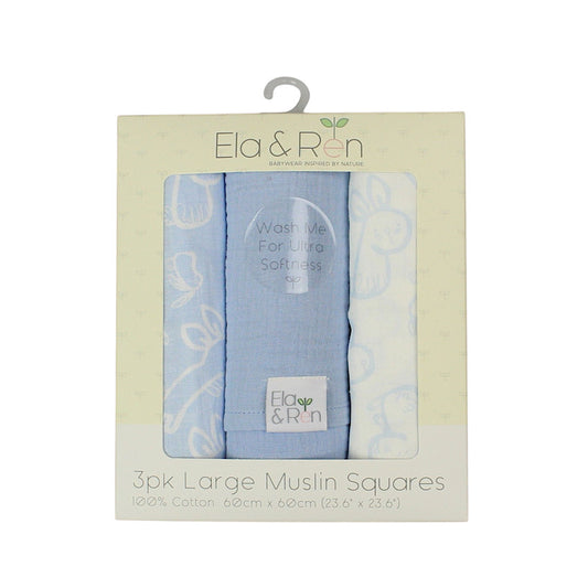 Baby Blue 3pc Fun Bunny Assorted Muslin Squares 60cm x 60cm