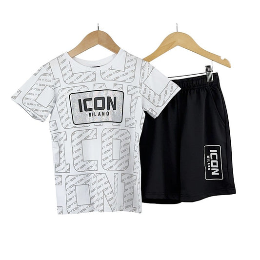 Boys White & Black Icon Motif 2pc Short Set 4-14 Years