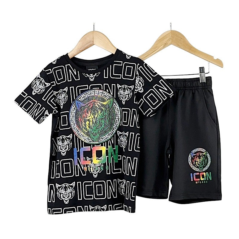 Boys Black & White Rainbow Icon Wolf Motif 2pc Short Set 4-14 Years