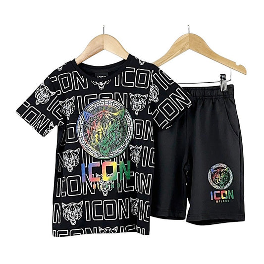 Boys Black & White Rainbow Icon Wolf Motif 2pc Short Set 4-14 Years