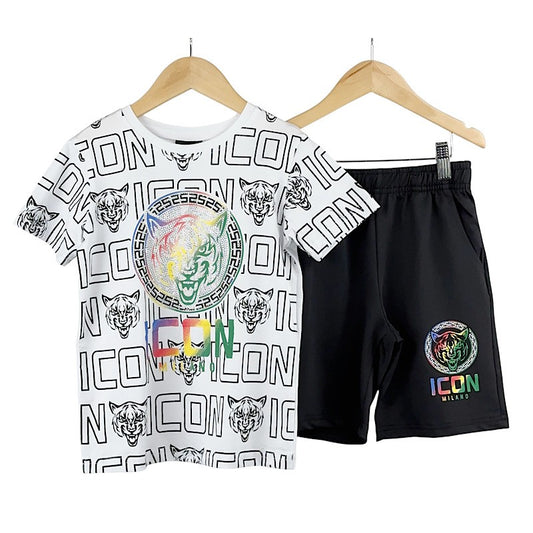 Boys White & Black Rainbow Icon Wolf Motif 2pc Short Set 4-14 Years