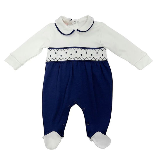 Navy and White Polka Smocked Baby Grow 0-9M