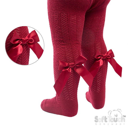 Wine Chevron Knit Bow Tights NB-24M