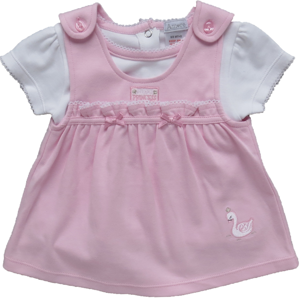 B/Pink Swan Pinafore Dress Set 0-9M