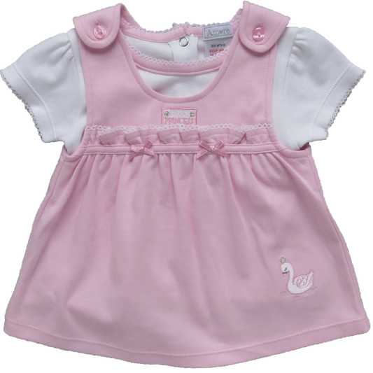 B/Pink Swan Pinafore Dress Set 0-9M