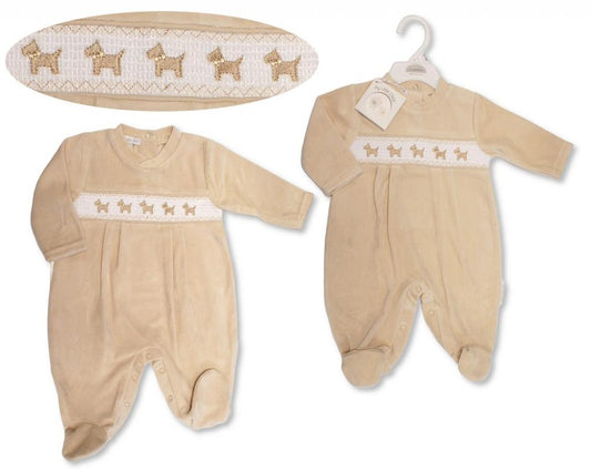 Smocked "Puppy" Velour All In One