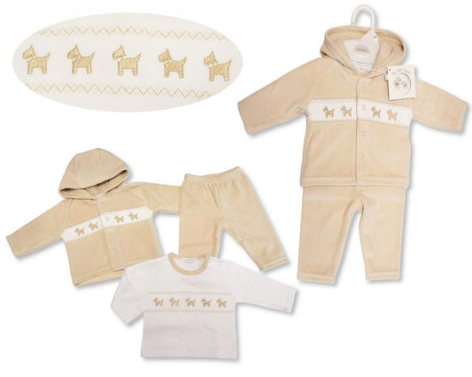 Smocked "Puppy" Velour 3 Piece Set