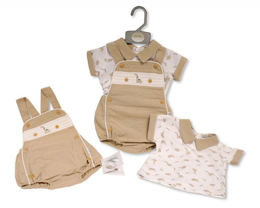 Smocked "Dinosaur" Linen Dungaree Set