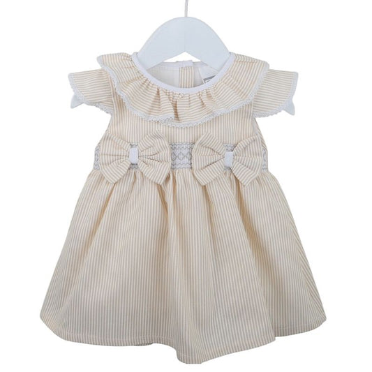 Pex Melissa Beige Pinstripe Bow Smock Dress 3-24M