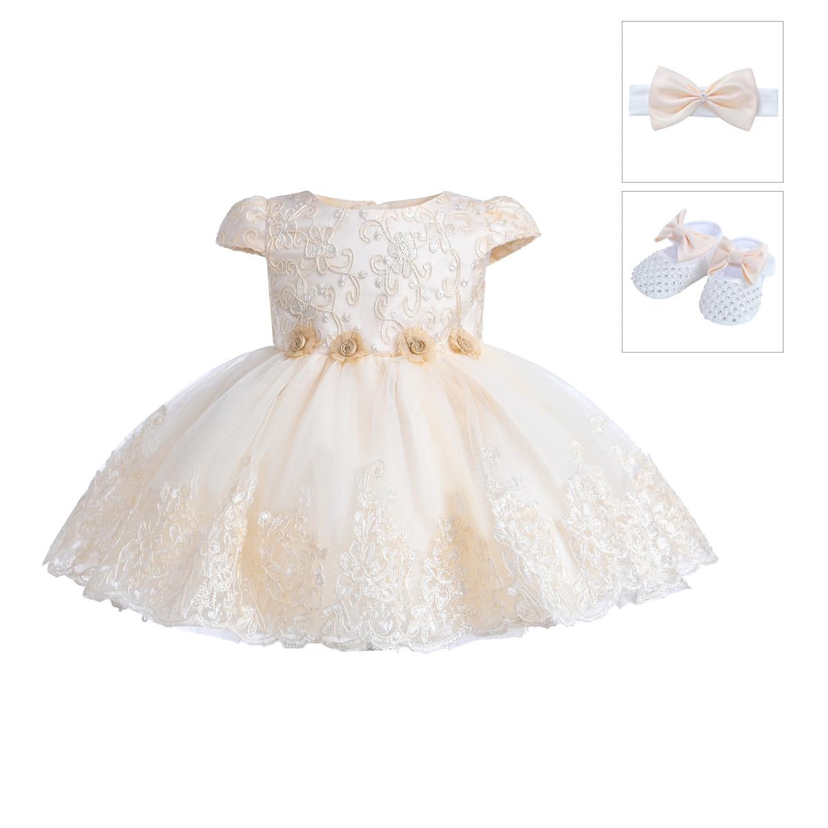 Baby Champagne Floral Motif Tutu Party Dress 0-12M