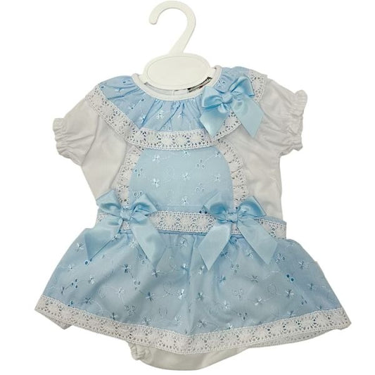 Baby Blue & White Portuguese Style Frilled Bow Dress 3-36M