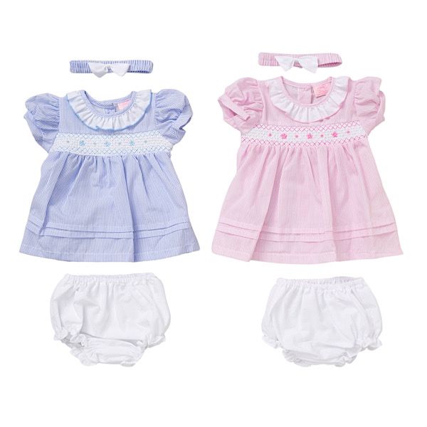 Pink/Blue 3PC Smock Dress & Jam Pants Set 9-24M