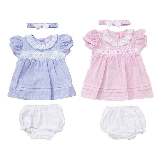 Pink/Blue 3PC Smock Dress & Jam Pants Set 9-24M