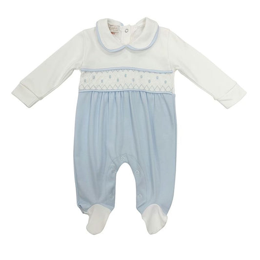Baby Blue and White Polka Smocked Baby Grow 0-9M